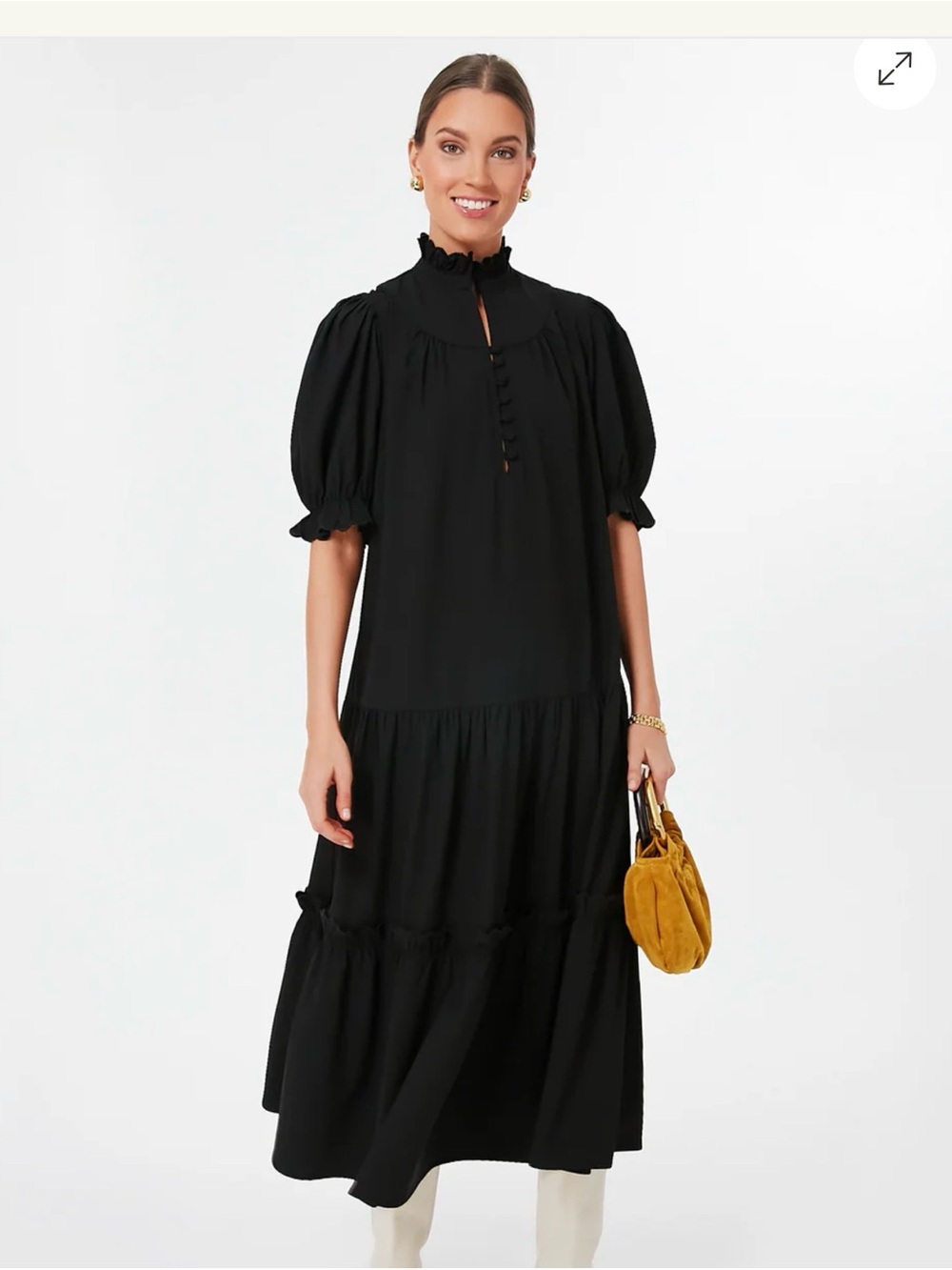 Pomander Place Black Puff-Sleeve Midi Dress with Ruffle Neck